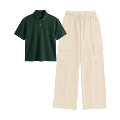 Cream Wide-Leg Cargo With Crop Polo