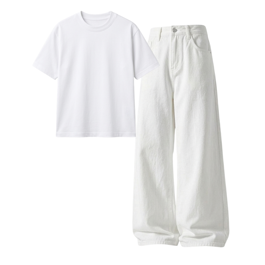 White Wide-Leg Baggy Jeans With Regular T-Shirt