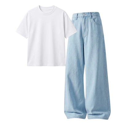 Iceblue Wide-Leg Baggy Jeans With Regular T-Shirt