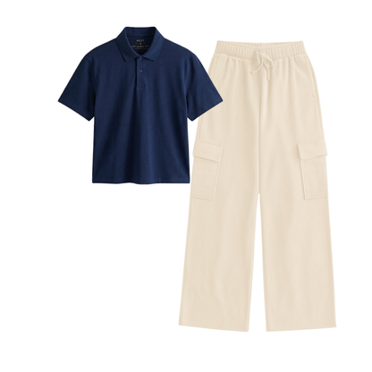 Cream Wide-Leg Cargo With Crop Polo