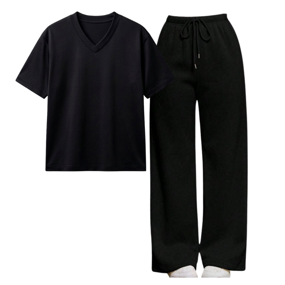 Black Wide-Leg Trouser With V-Neck T-Shirt