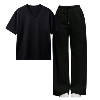 Black Wide-Leg Trouser With V-Neck T-Shirt