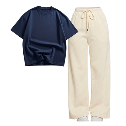Beige Wide-Leg Trouser With Oversized Drop Shoulder T-Shirt
