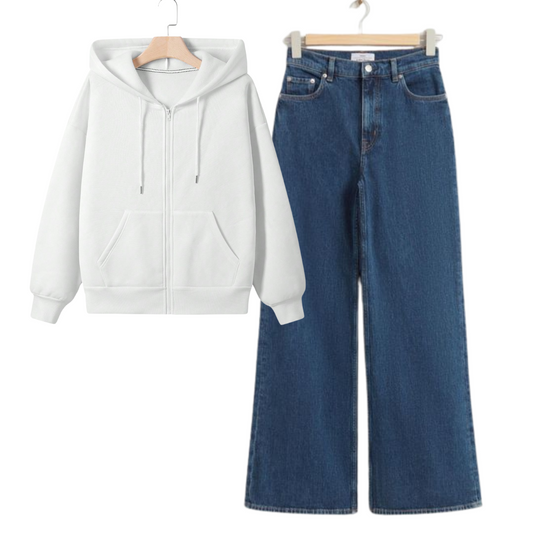 Whit Zipper With Black Baggy Jeans