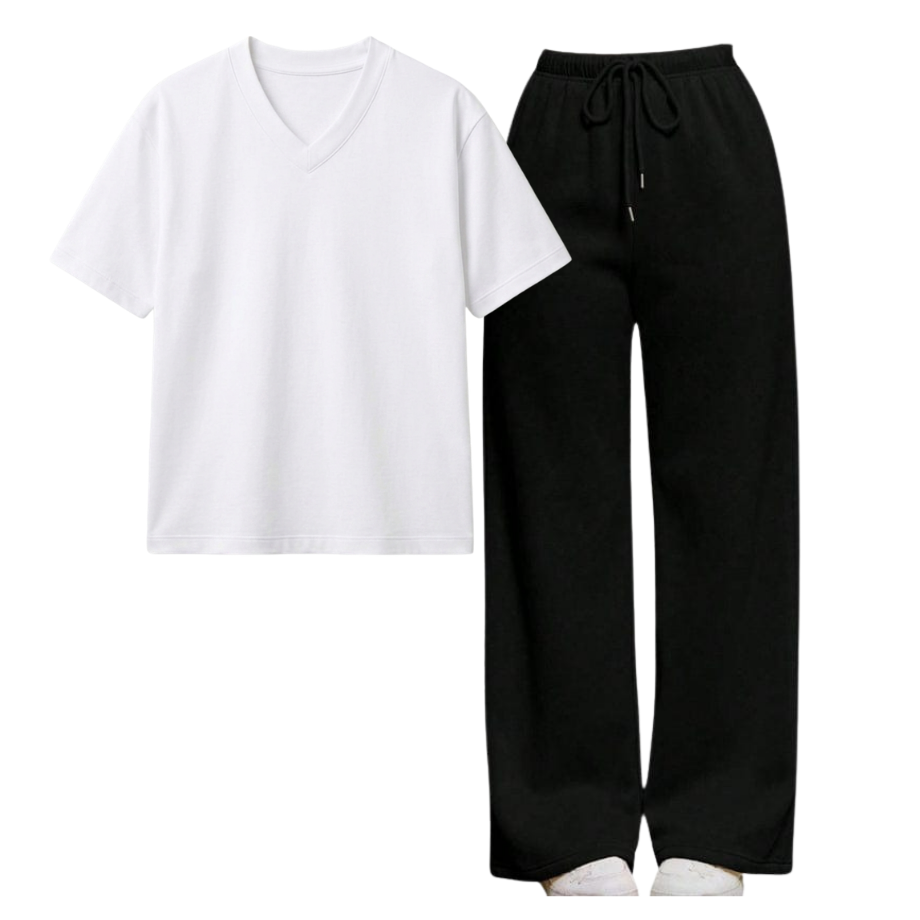 Black Wide-Leg Trouser With V-Neck T-Shirt
