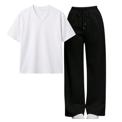 Black Wide-Leg Trouser With V-Neck T-Shirt