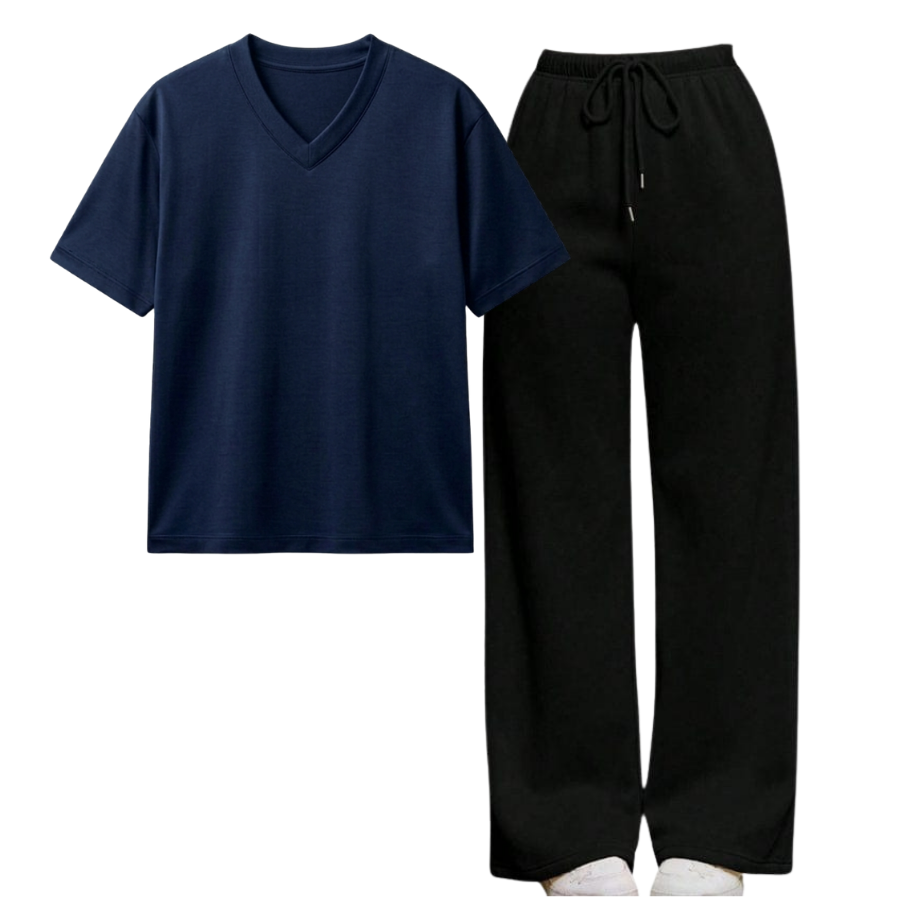 Black Wide-Leg Trouser With V-Neck T-Shirt