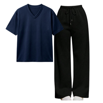 Black Wide-Leg Trouser With V-Neck T-Shirt