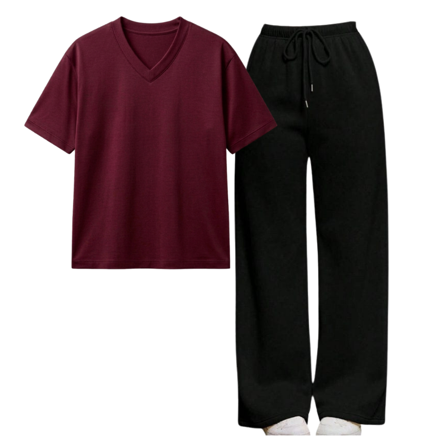 Black Wide-Leg Trouser With V-Neck T-Shirt