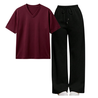 Black Wide-Leg Trouser With V-Neck T-Shirt