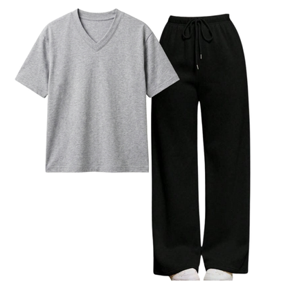 Black Wide-Leg Trouser With V-Neck T-Shirt