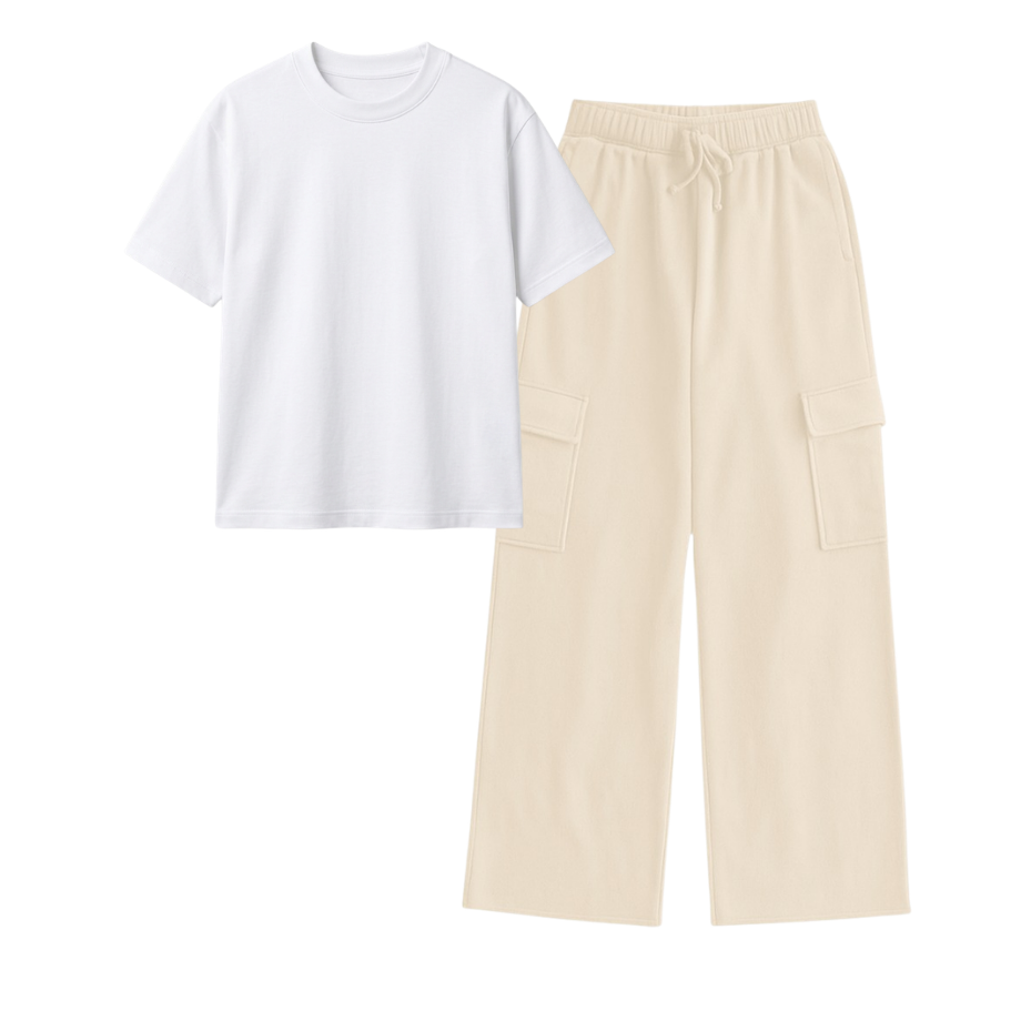 Cream Wide-Leg Cargo With Regular T-Shirt