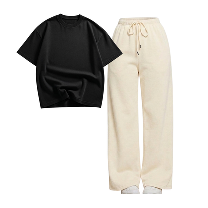 Beige Wide-Leg Trouser With Oversized Drop Shoulder T-Shirt