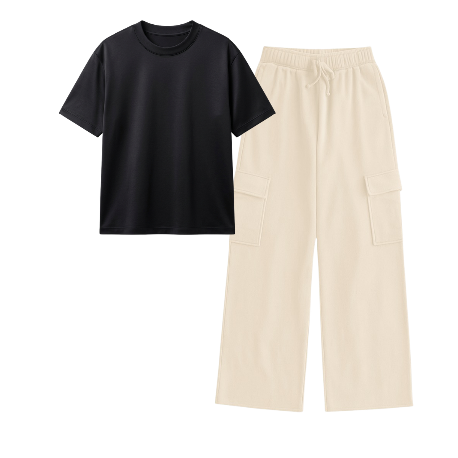 Cream Wide-Leg Cargo With Regular T-Shirt