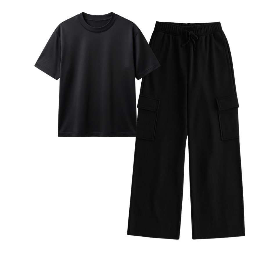 Black Wide-Leg Cargo With Regular T-Shirt