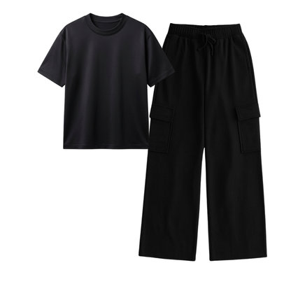 Black Wide-Leg Cargo With Regular T-Shirt