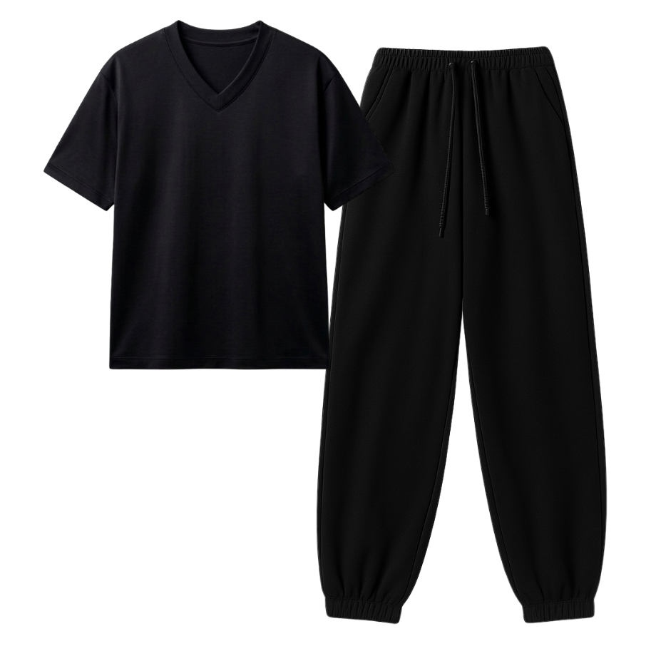 Black Sweatpant With V-Neck T-Shirt