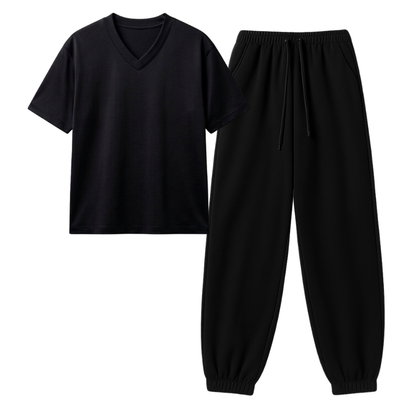 Black Sweatpant With V-Neck T-Shirt