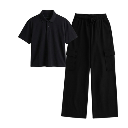 Black Wide-Leg Cargo With Crop Polo
