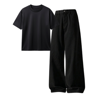 Black Wide-Leg Baggy Jeans With Regular T-Shirt