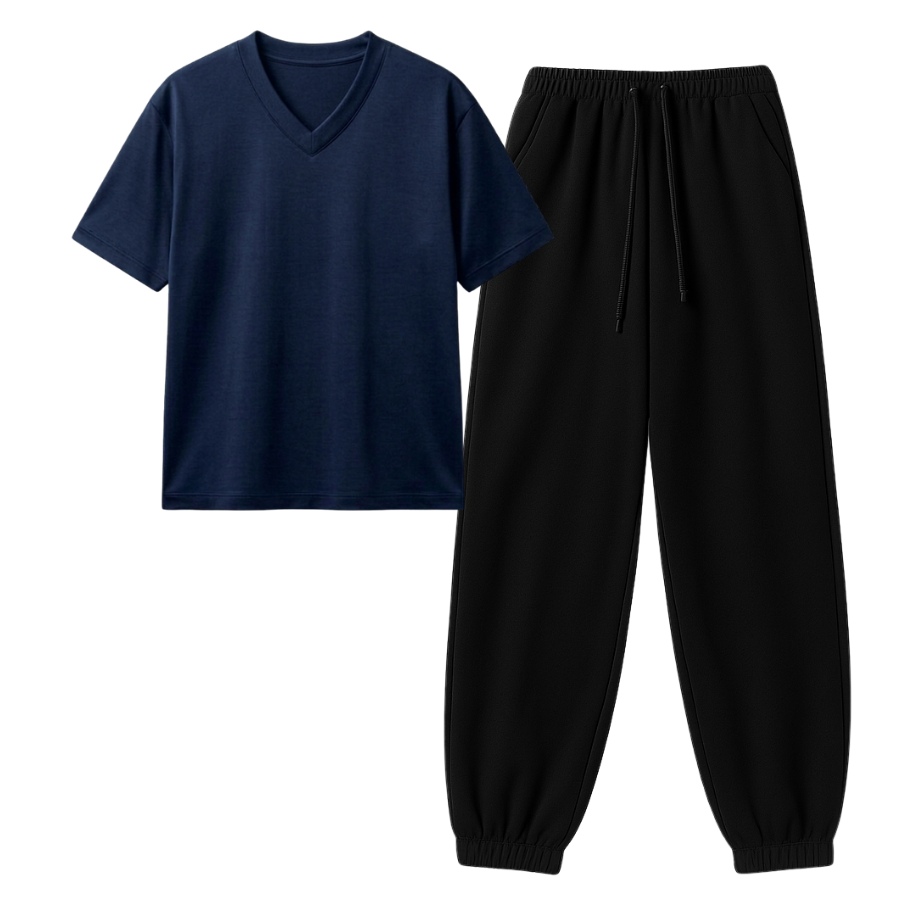 Black Sweatpant With V-Neck T-Shirt