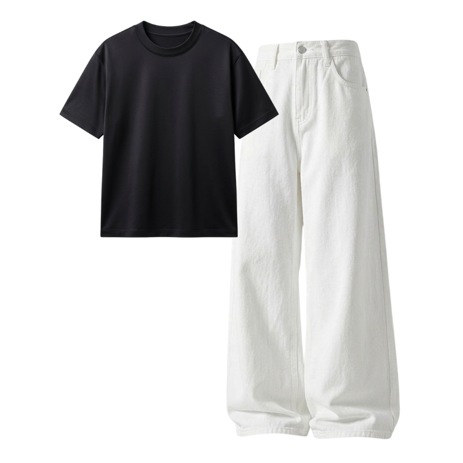 White Wide-Leg Baggy Jeans With Regular T-Shirt