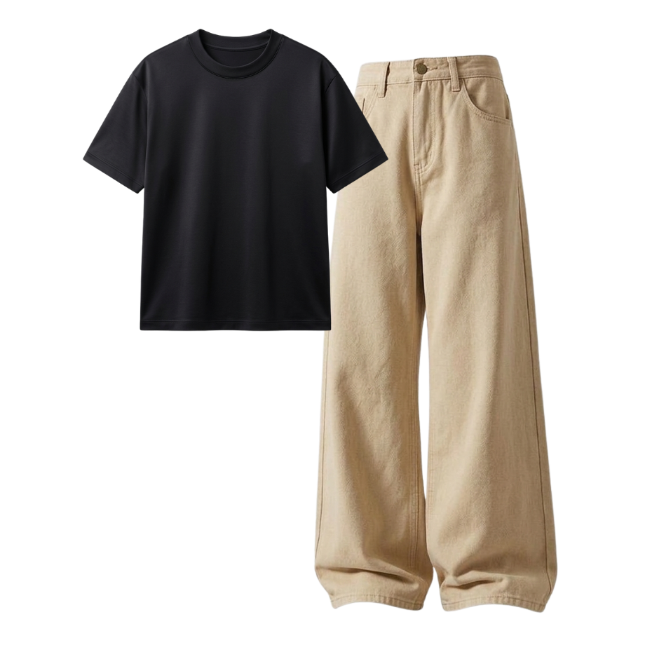 Beige Wide-Leg Baggy Jeans With Regular T-Shirt