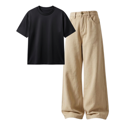 Beige Wide-Leg Baggy Jeans With Regular T-Shirt