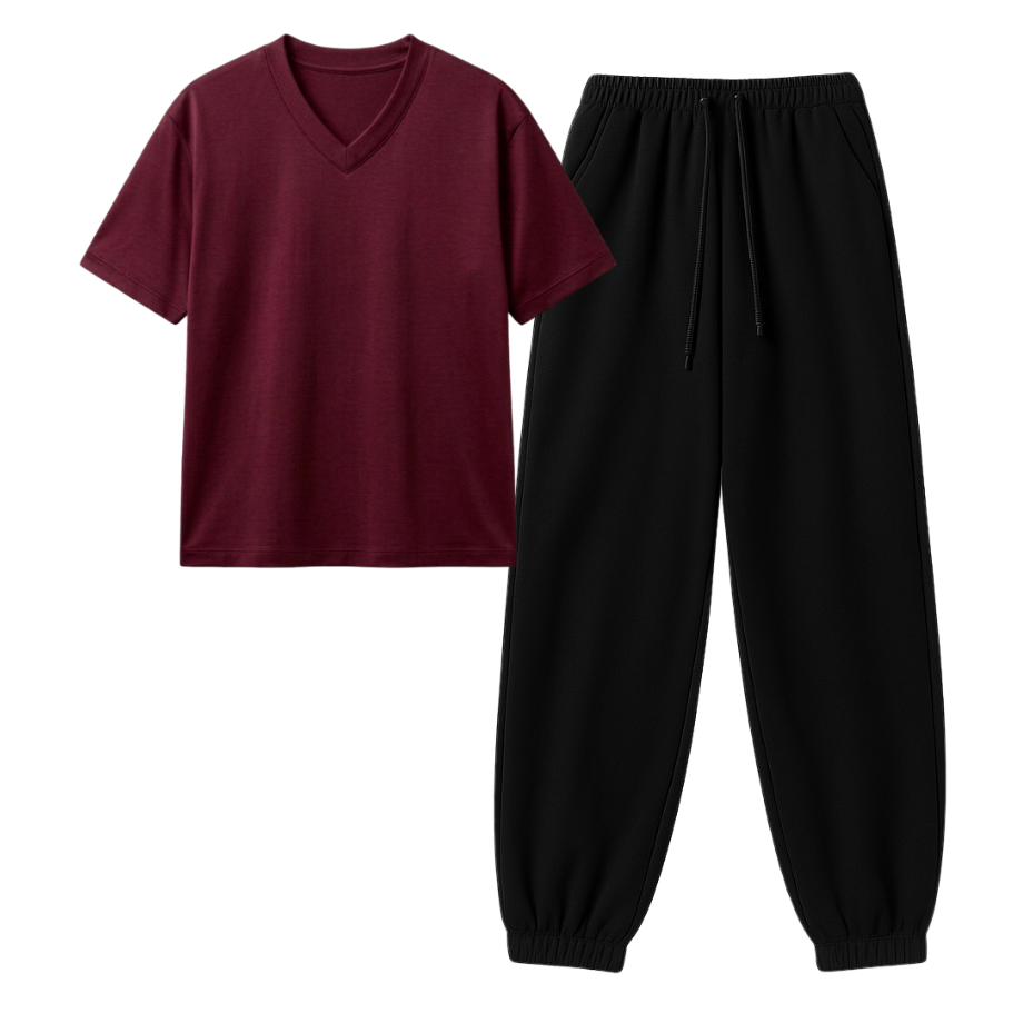 Black Sweatpant With V-Neck T-Shirt