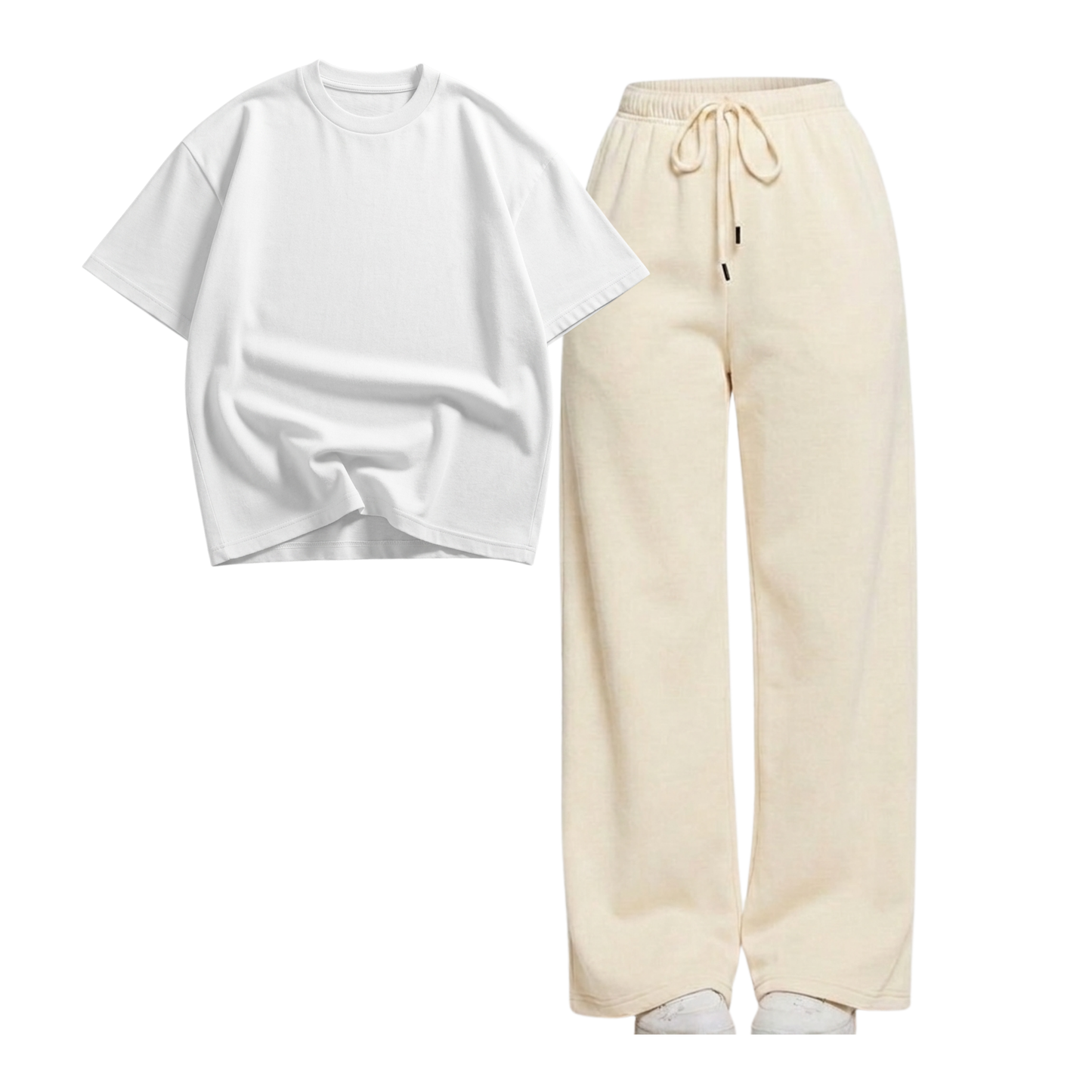 Beige Wide-Leg Trouser With Oversized Drop Shoulder T-Shirt