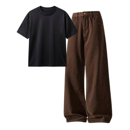 Brown Wide-Leg Baggy Jeans With Regular T-Shirt
