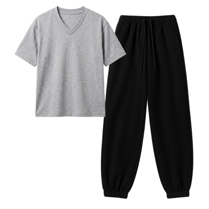 Black Sweatpant With V-Neck T-Shirt