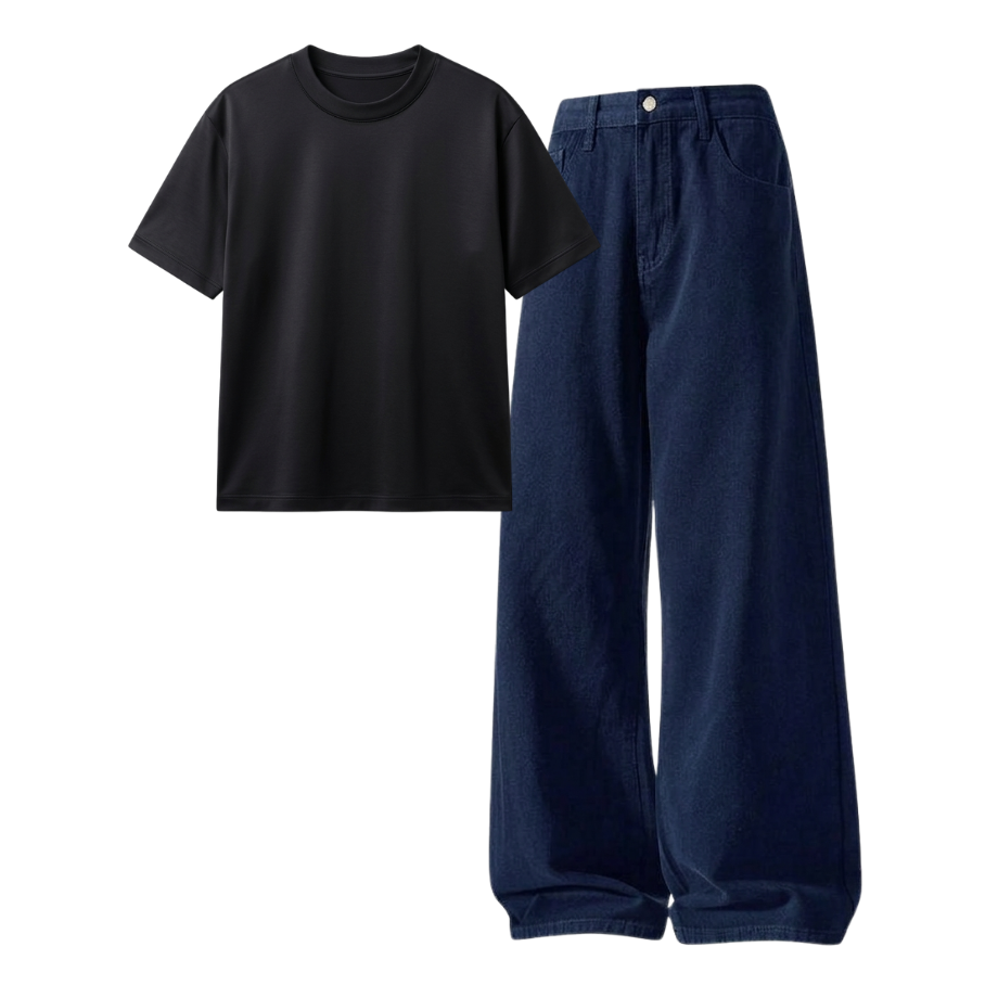 Darkblue Wide-Leg Baggy Jeans With Regular T-Shirt