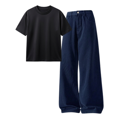 Darkblue Wide-Leg Baggy Jeans With Regular T-Shirt