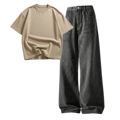 Acid Ash Wide-Leg Baggy Jeans With Oversized Drop Shoulder T-Shirt