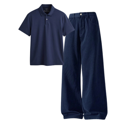Darkblue Wide-Leg Baggy Jeans With Polo