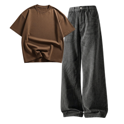 Acid Ash Wide-Leg Baggy Jeans With Oversized Drop Shoulder T-Shirt