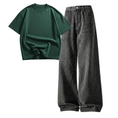 Acid Ash Wide-Leg Baggy Jeans With Oversized Drop Shoulder T-Shirt