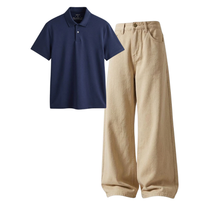Beige Wide-Leg Baggy Jeans With Polo