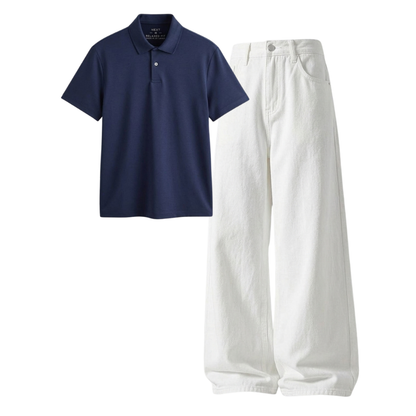 White Wide-Leg Baggy Jeans With Polo