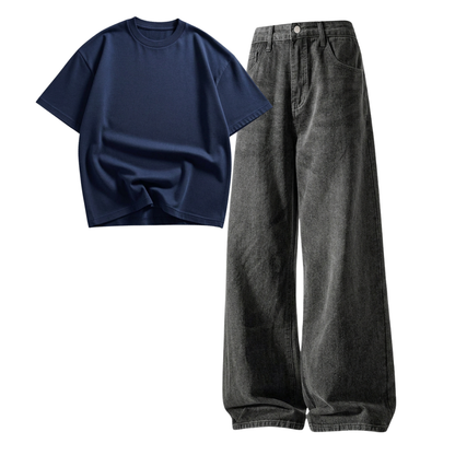 Acid Ash Wide-Leg Baggy Jeans With Oversized Drop Shoulder T-Shirt