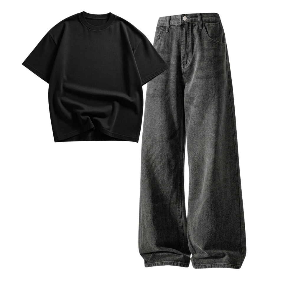Acid Ash Wide-Leg Baggy Jeans With Oversized Drop Shoulder T-Shirt