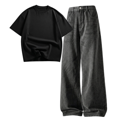 Acid Ash Wide-Leg Baggy Jeans With Oversized Drop Shoulder T-Shirt