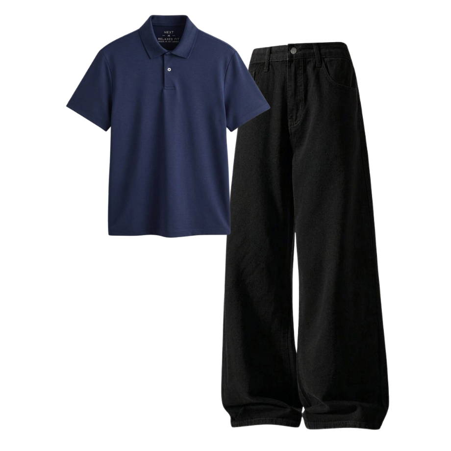 Black Wide-Leg Baggy Jeans With Polo