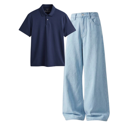 Iceblue Wide-Leg Baggy Jeans With Polo