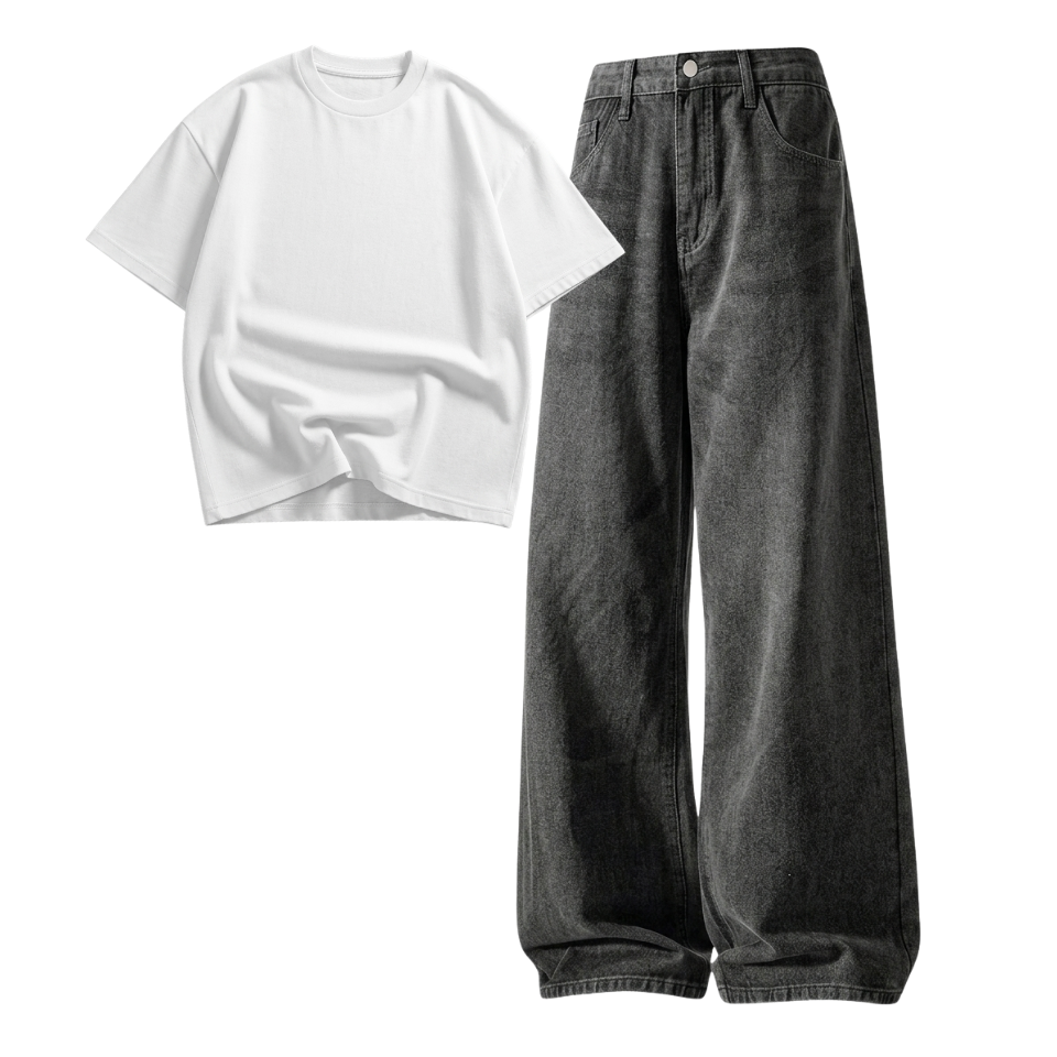 Acid Ash Wide-Leg Baggy Jeans With Oversized Drop Shoulder T-Shirt