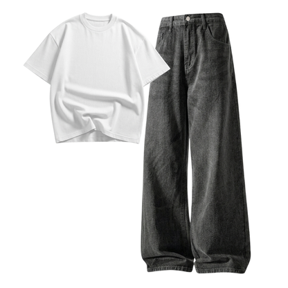 Acid Ash Wide-Leg Baggy Jeans With Oversized Drop Shoulder T-Shirt