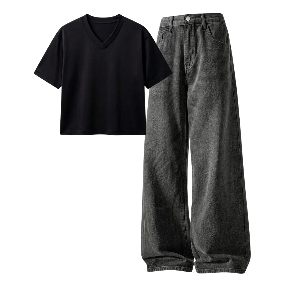 Acid Ash Wide-Leg Baggy Jeans With Crop V-Neck T-Shirt