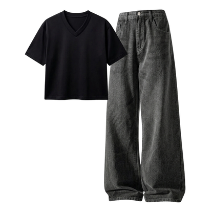 Acid Ash Wide-Leg Baggy Jeans With Crop V-Neck T-Shirt