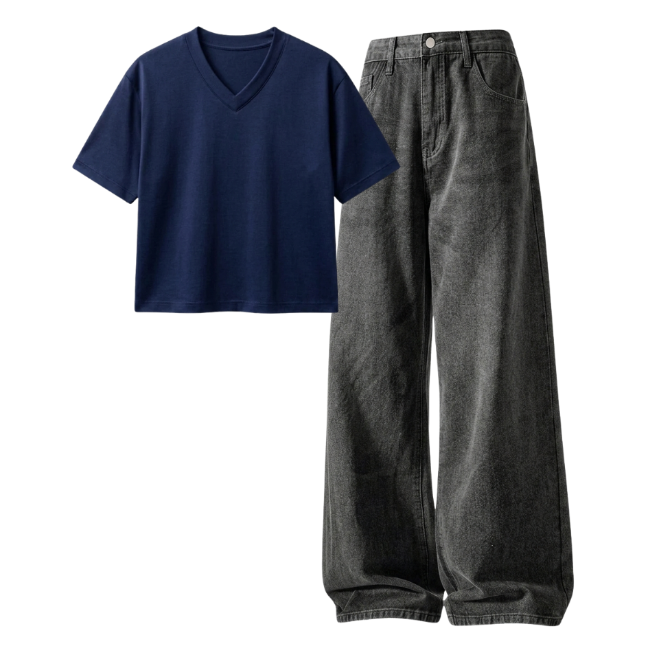 Acid Ash Wide-Leg Baggy Jeans With Crop V-Neck T-Shirt